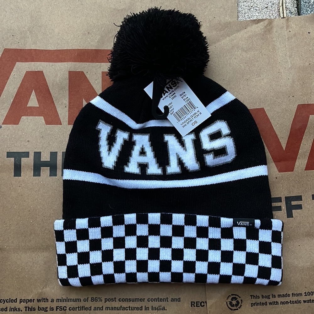 Vans WM Spirit Pom Black Checker Beanie Skateboarding Hat Women Men VN0A5LG3BLK - Picture 4 of 16